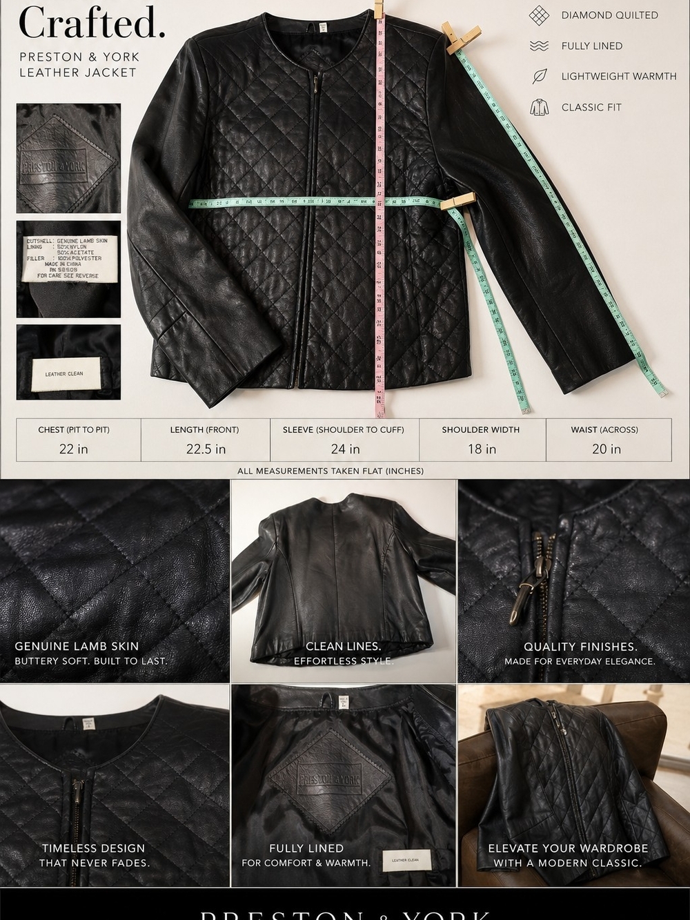 Preston & York Black Quilted Lambskin Leather Jacket